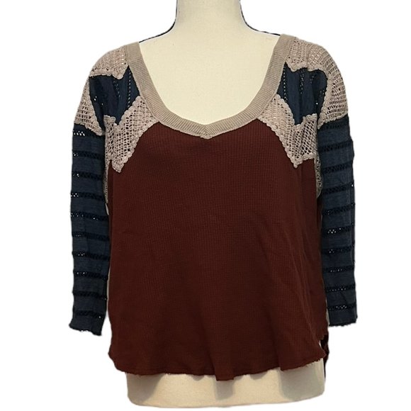 We the Free Waffle Knit Top w/ v-Neck, Quater Sleeve, Multicolor, Size: XS - Picture 1 of 4